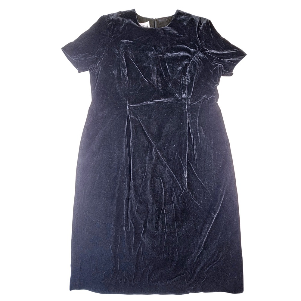 Leslie Fay Vintage 1980s Black Velvet Sheath Dress Short Sleeve Petite 16P 9384
